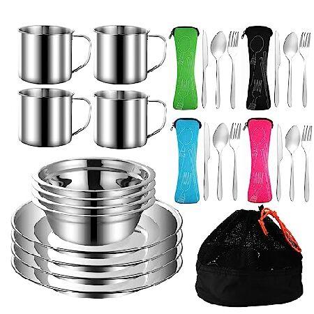 Outdoor Camping Mess Kit, Stainless Steel Tableware Mess Kit Includes Plate Bowl Cup Spoon Fork Knife in Mesh Bags for Camping Backpacking ＆ 送料無料