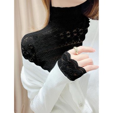 秋冬洋氣時尚毛衣內搭蕾絲打底衫女黑色高端小衫鏤空高領網紗上衣