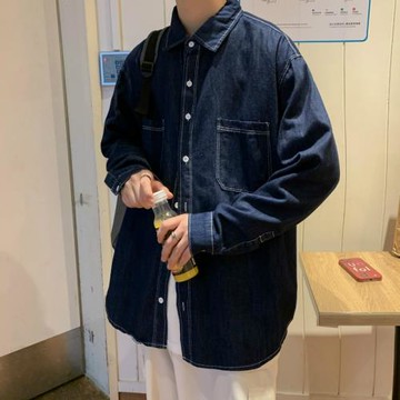 2024春秋簡約牛仔襯衫男長袖裝韓版潮流休閑襯衣寬松個性情侶外套