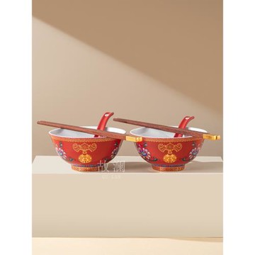 故瀾結婚碗筷套裝琺瑯彩喜碗婚慶陪嫁對碗新人餐具紅色碗新婚禮物
