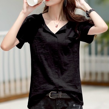 黑色全棉短袖t恤女寬松大碼竹節棉v領夏裝設計感2022年新款上衣潮