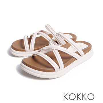 KOKKO時髦撞色個性細帶厚底涼拖鞋米白色