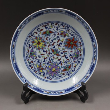 大清雍正年制青花斗彩纏枝花?蓮花盤精品仿古瓷器古董古玩全手工1入