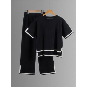 2024歐美跨境亞馬遜夏季新款針織套裝毛衣套裝短袖套頭闊腿褲