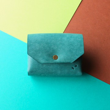 水豚設計小巧錢包 綠松石 × 深棕色 × 綠色 皮夾 牛皮 皮革 錢包 銀包 手作