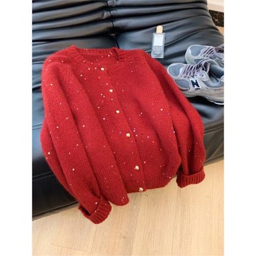 專柜撤回剪標氛圍感新年紅色亮片針織開衫女2025新款軟糯針織外套