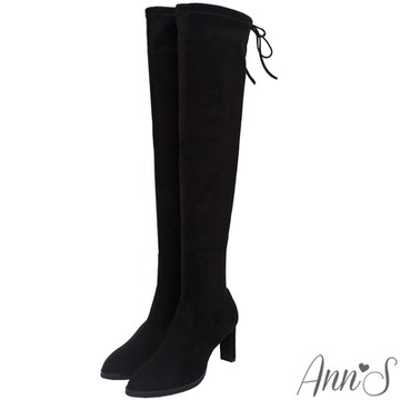 Ann’S忍不住回頭-防水絨布 後綁帶細扁高跟過膝靴8cm-黑