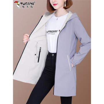 啄木鳥兩面穿風衣女2025秋季新款時尚寬松連帽中長款休閑上衣外套