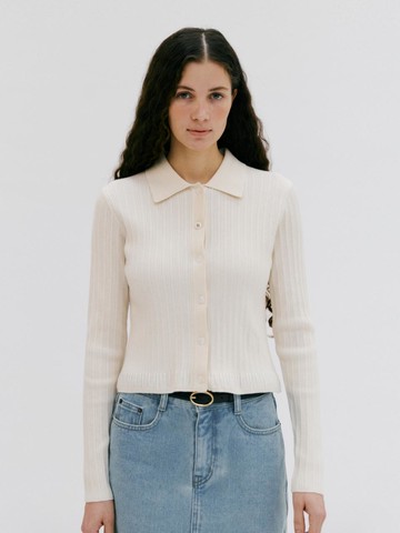Ribbed Frill Wool Blend Cardigan [Beige]