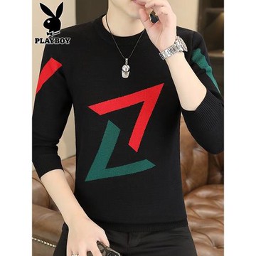 花花公子春季毛衣男士休閑新款圓領黑色線衣服潮流打底針織衫男裝