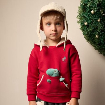 PIPPY 萌萌可拆式立體小恐龍玩偶暖暖連帽長袖上衣  紅-130