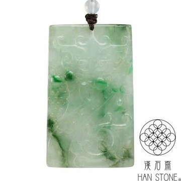 【漢石齋】天然翡翠A貨 饕餮紋飾玉佩項鍊 冰糯種飄花帶辣綠(36*59*4mm)