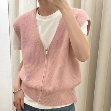 [米蘭精品] 針織背心無袖毛衣-純色V領拉鍊馬甲女上衣7色74ik56