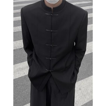 新中式盤扣中山裝高級感痞帥立領西裝外套男休閑套裝中國風小西服