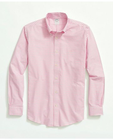 Brooks Brothers Men's Stretch Non-Iron Oxford Button-Down Collar, Gingham Sport Shirt | Pink | Size XS