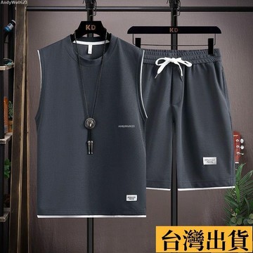 🌈台倉出庫🌈 男套裝男士夏季潮牌寬鬆無袖T恤背心短褲休閒冰絲運動