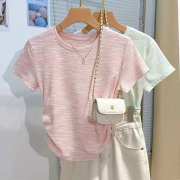 彩虹條紋短袖t卹女  2026夏小個子正肩短半袖不規則設計感收腰上衣潮c