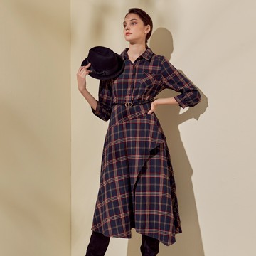 CLL巧玲瓏 英倫復古格紋七分袖洋裝(不含腰帶) 1645625