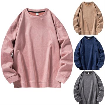 麂皮絨衛衣男春秋新款美式復古情侶裝長袖插肩t恤寬松大碼打底衫