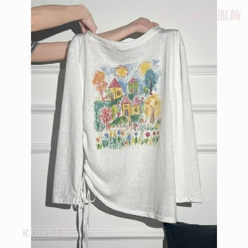 【設計感薄款防曬】Glove 繫帶長袖T恤 斜肩寬鬆印花褶皺罩衫上衣 防曬上衣 上衣女 透膚 透 薄長袖上衣女 斜肩寬鬆