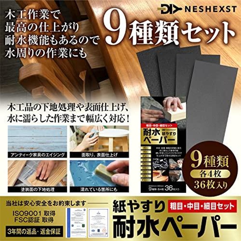 NESHEXST(ネセクト) 紙やすり 9種36枚 紙ヤスリ 耐水ペーパー セット