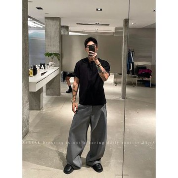 (免運)OXFREAK「TR混紡 老錢新貴」灰色彎刀休閑褲男闊腿寬松垂感西裝褲