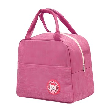 手提便當袋 小熊圓標 Set 3 防水牛津布 雙提手 拉鍊開口  22 x 15 x 17cm  玫紅色  1組