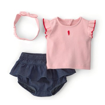 【Carter’s】甜美小甜心 3件組套裝(上衣/髮帶/尿布褲) | 官方授權 小短褲 三件組 週歲生日禮首選