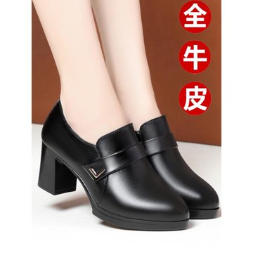 2025春季單鞋中跟粗跟小皮鞋高跟鞋中年媽媽鞋女士工作鞋真皮女鞋