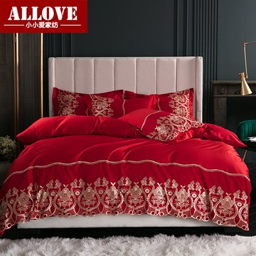 夏季水洗冰絲全棉四件套蕾絲結婚慶大紅1.8m雙人床單純棉床笠
