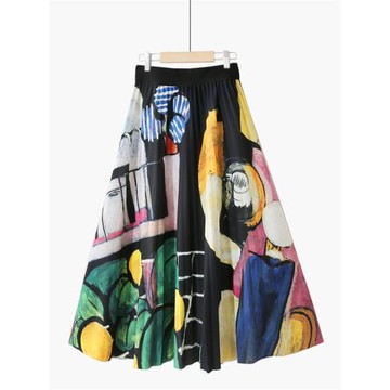 秋冬復古時尚簡約夢幻印花仙女撞色條紋百褶裙中長款a字半身裙女