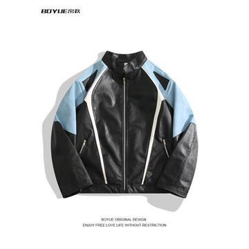 BOYUE帛躍拼色皮衣外套美式帥氣機車設計感嘻哈街頭墊肩男女夾克