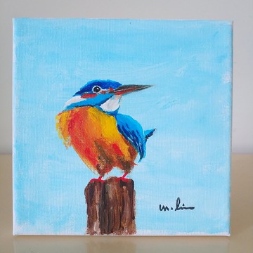 回眸的翠鳥/原創油畫/獨一無二/寶可愛的翠鳥帶回家