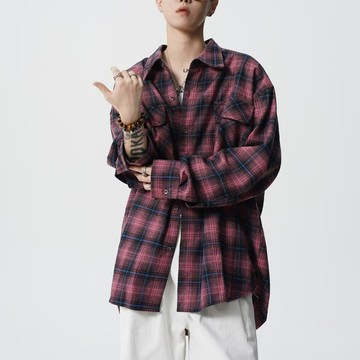 春季港風ins格子襯衫男士韓版潮流帥氣長袖上衣情侶休閑襯衣外套