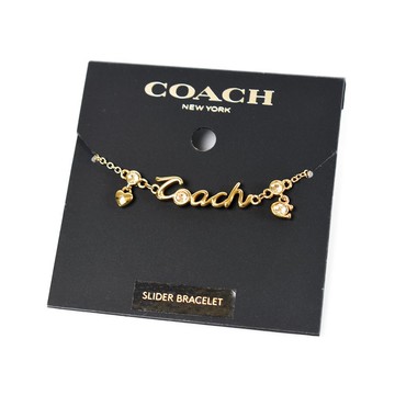COACH 草寫COACH愛心晶鑽墜飾可調式手鍊-金色