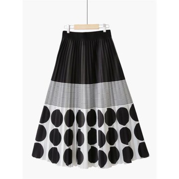 春季時尚高腰撞色歐美圓點印花簡約氣質百褶大擺顯瘦中長款半身裙