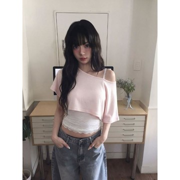 ♡ 𝑪𝒉𝒊𝒄 𝒖 ♡粉色斜肩短袖T恤女夏季ins超火短款上衣韓版疊穿蕾絲吊帶背心套裝