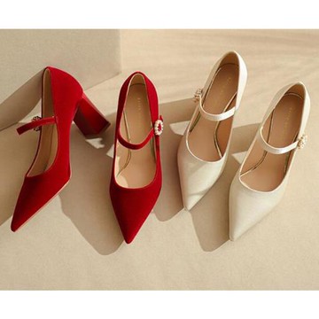 Sp house 撫媚多姿尖頭一字扣粗高跟鞋(2色可選)