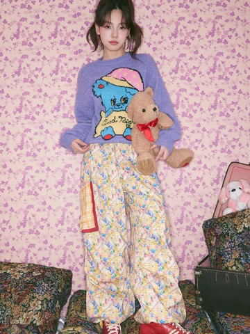 黃色滿印碎花格紋高腰傘褲長褲可愛童趣