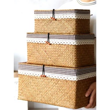 海草編織帶蓋竹編收納籃零食框置物籃藤編長方形口罩收納盒收納筐