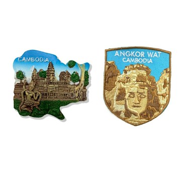 柬埔寨吳哥窟可愛磁鐵+柬埔寨 吳哥窟 文青電繡【2件組】彩色磁鐵 冰箱磁鐵 白板磁鐵 辦公磁鐵 立體冰箱貼 磁鐵 磁性家居裝飾
