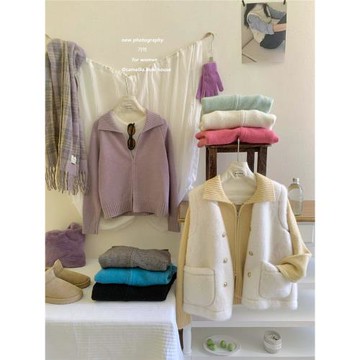 氛圍感翻領雙拉鏈毛衣外套女秋冬加厚慵懶風獨特洋氣外穿針織開衫