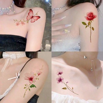 💕 新品搶購   ins紅玫瑰花朵紋身貼防水女持久櫻花性感鎖骨手臂身體貼花遮疤痕