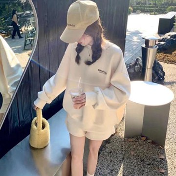 杏色秋冬季圓領衛衣女2023新款爆款寬松中長款外套小個子純色上衣