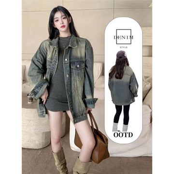 美式復古牛仔外套女春季高級感氣質百搭男女同款痞帥工裝夾克上衣