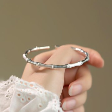 新款竹節銀手鐲女實心開口年輕款足銀鐲子999純銀民族風素圈手環
