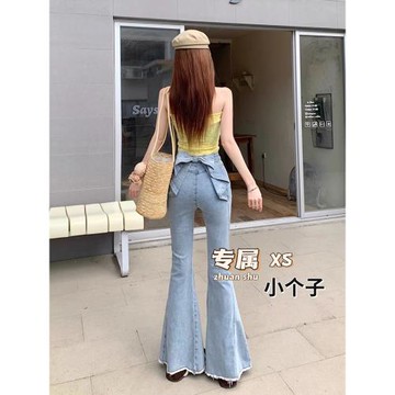 歐若風立體蝴蝶結微喇叭牛仔褲女小個子彈力修身顯瘦毛邊馬蹄長褲