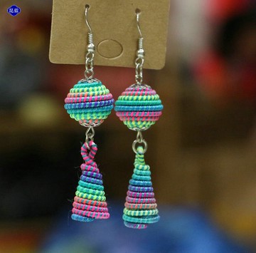 創意簡約百搭民族風手工彩線編織耳環女款復古特色吊墜耳環飾品