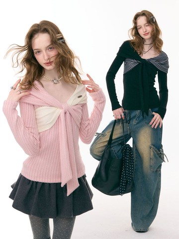 ziziFei''結趣織織''設計感不規則扭結蝴蝶結上衣長袖t恤針織衫女