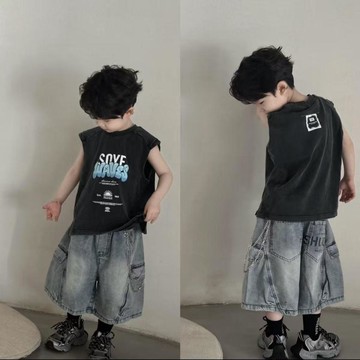 Mimo⭐男童黑色無袖背心夏季帥坎肩上衣韓系男孩兒童中大童裝